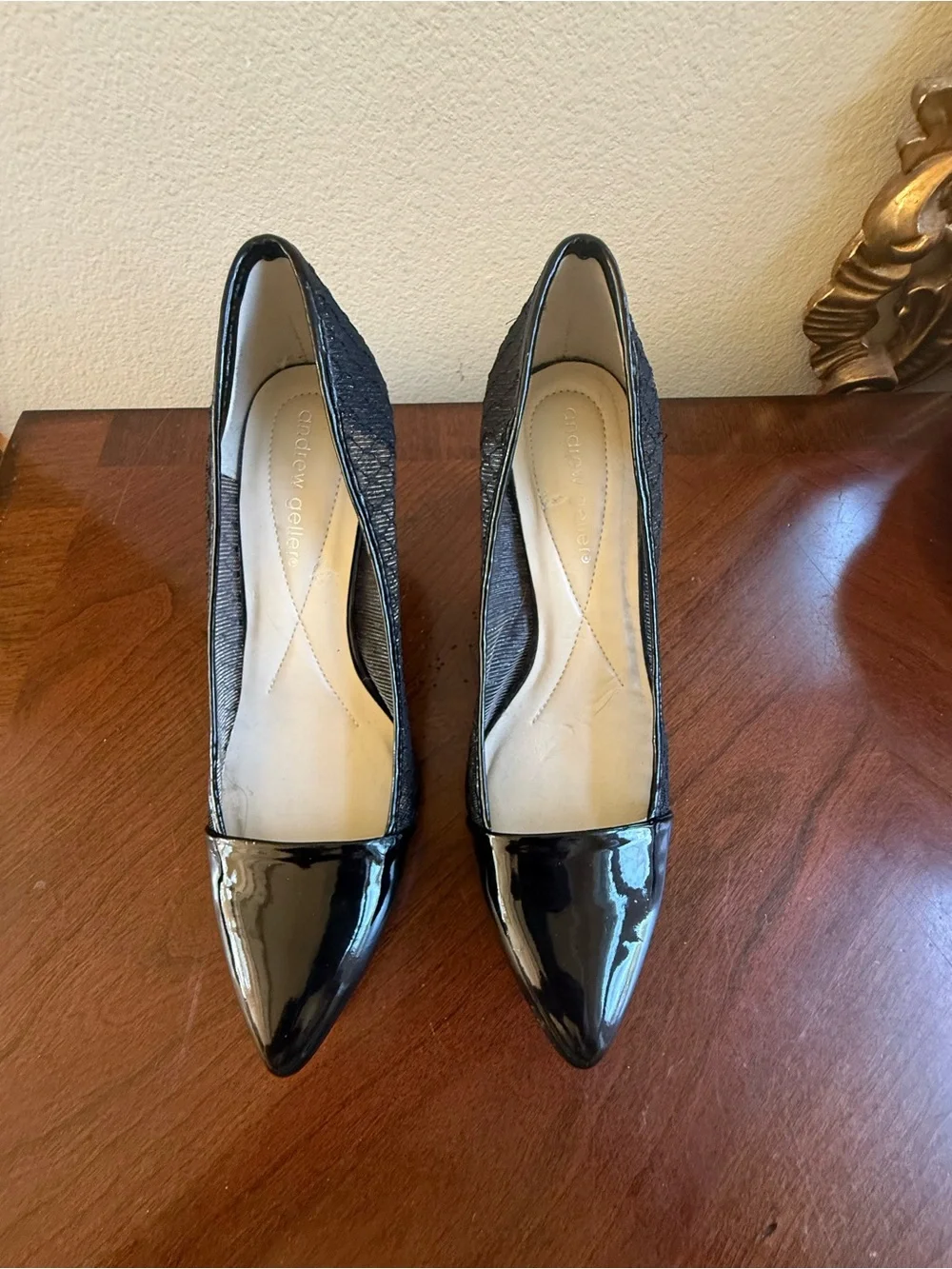 Andrew Geller black patent leather/ woven fabric heels